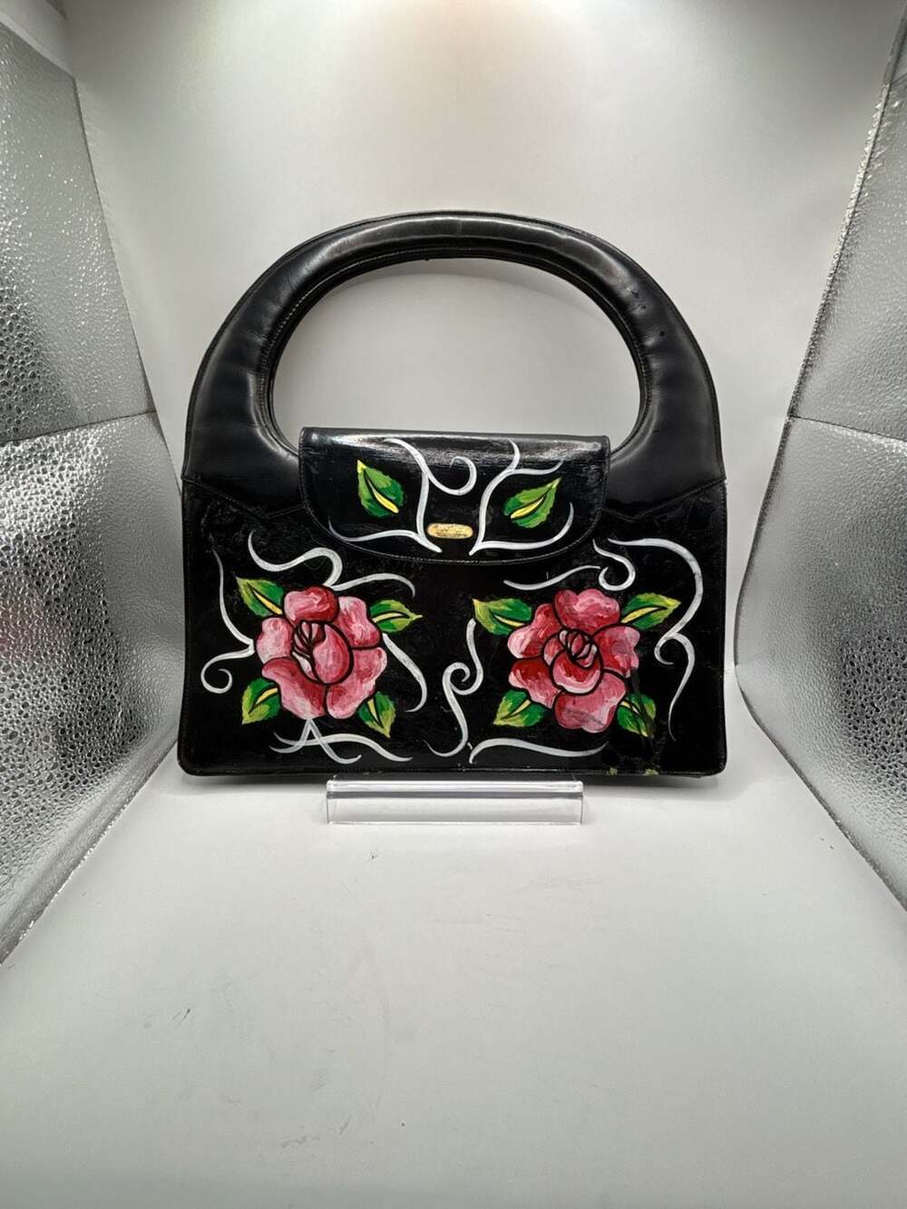 Vintage Lennox Bags Hand-Painted Floral Handbag with Circular Top Handle